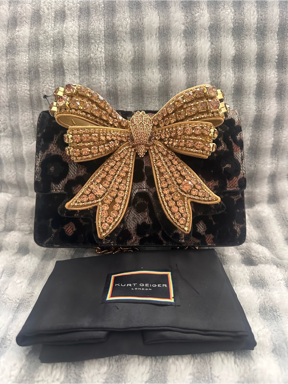 Kurt Geiger Black Leopard Velvet Mini Bag with Crystal Gold Bow